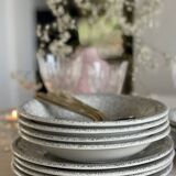 12 speckled ceramic plates.