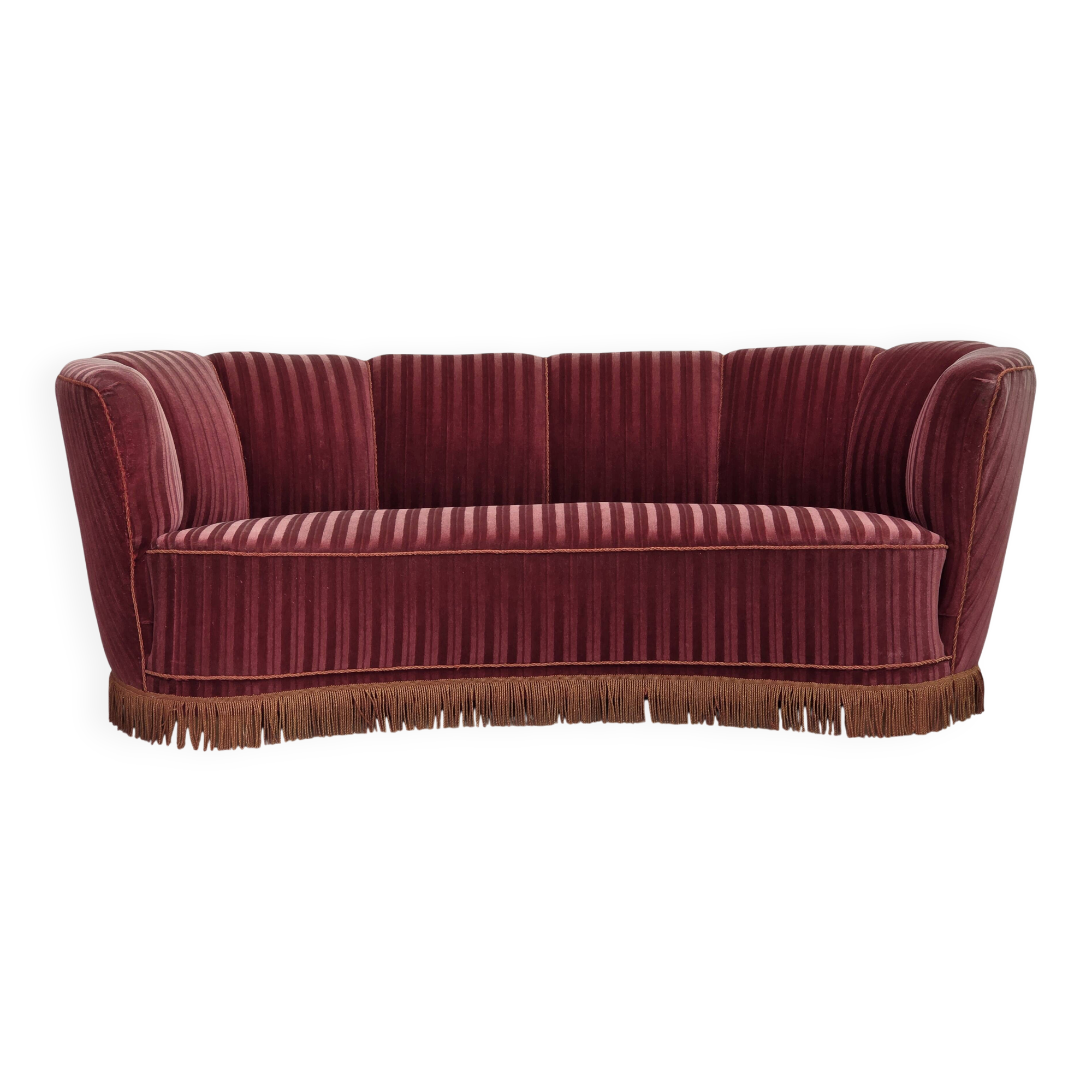 1960s, Danish 2-seater "Banan" sofa, furniture velour, oak wood.
