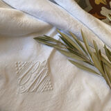 White cotton and linen tablecloth with central monogram from the 1960s.