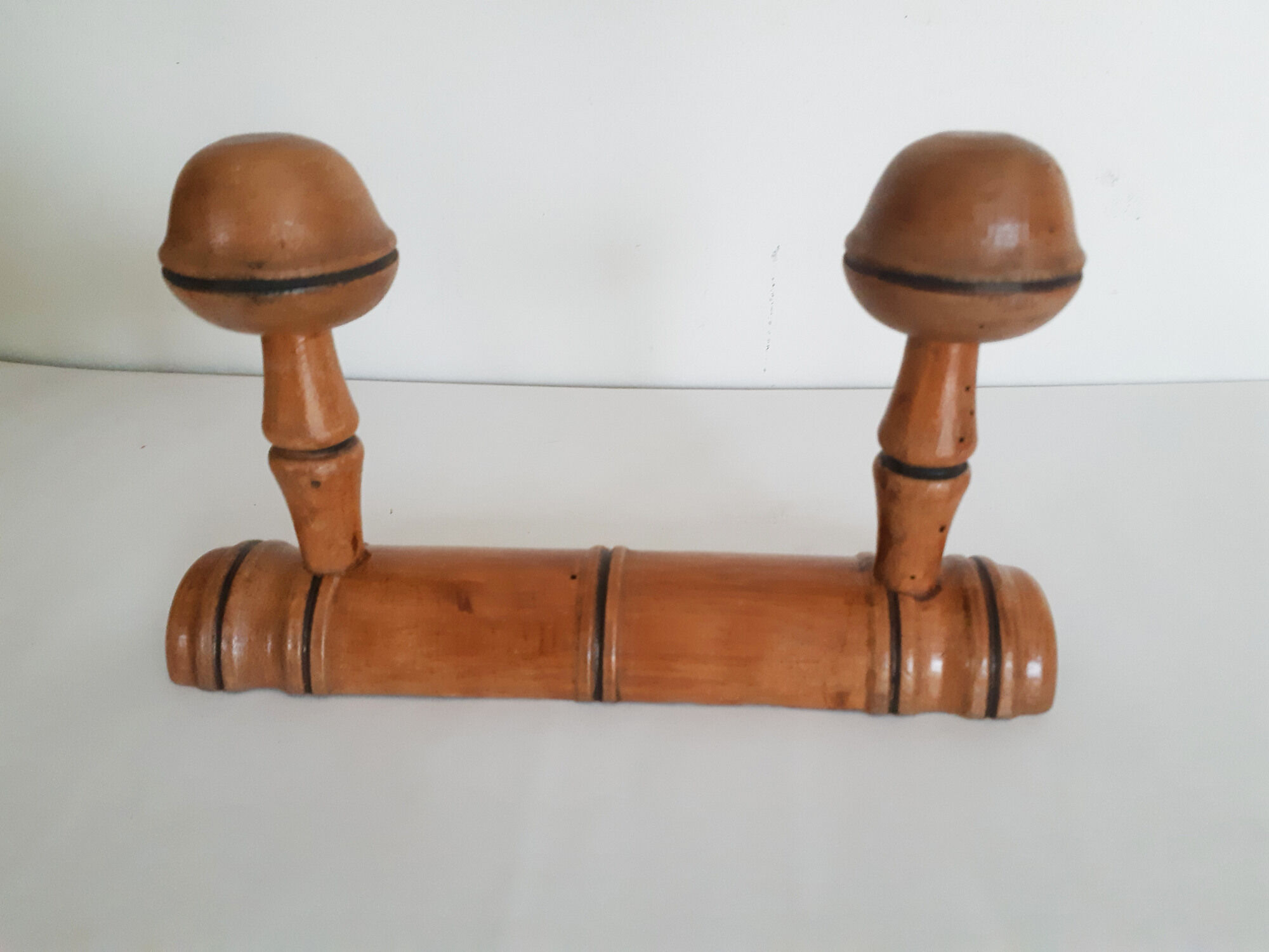 bamboo style wooden coat rack, 2 heads, vintage, 50s/60s, cloakroom, hook