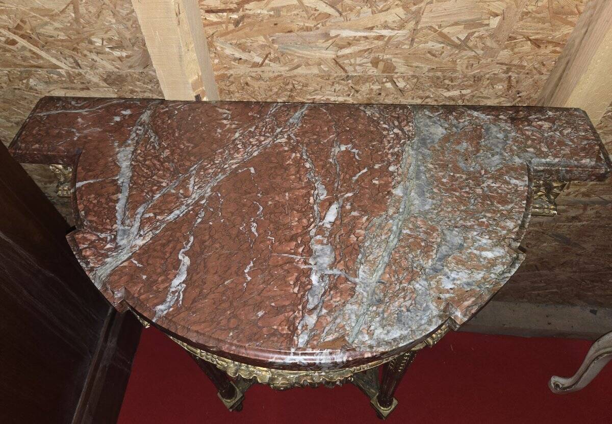 Louis XVI style demi-lune console – carved wood and marble top