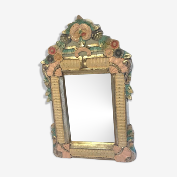 Miroir vintage en bois couleur or vert et rose 24x39cm