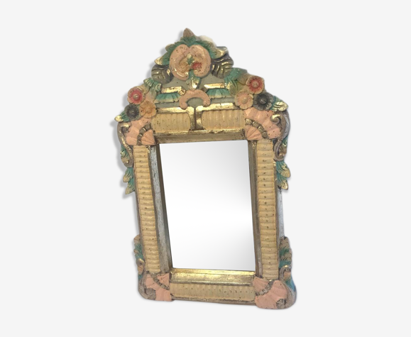 Miroir vintage en bois couleur or vert et rose 24x39cm