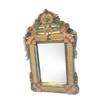 Pretty little vintage wooden mirror in gold, green and pink color 24x39cm