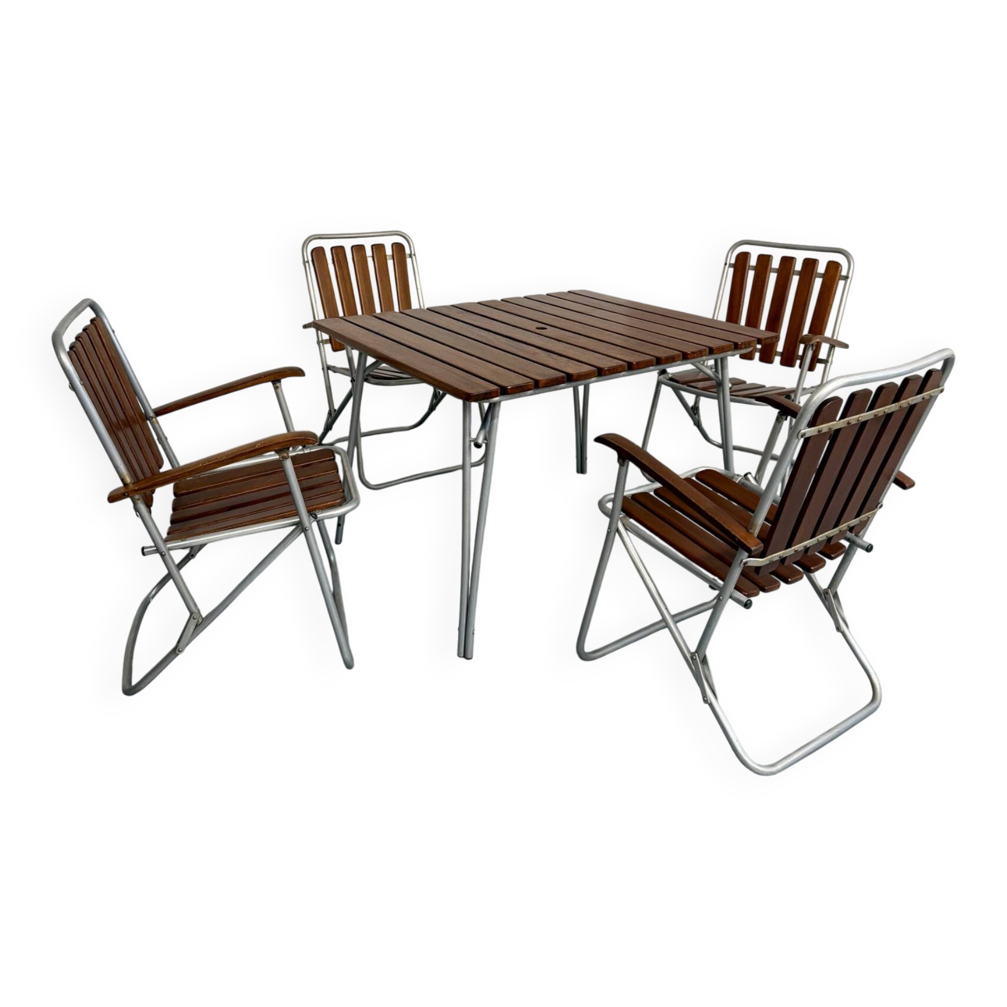 Vintage folding garden set table 4 chairs wood and metal 1960
