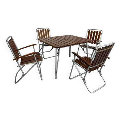 Salon de jardin vintage pliant table 4 fauteuils bois et métal 1960