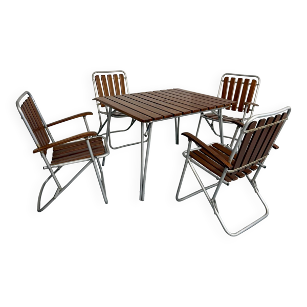 Salon de jardin vintage pliant table 4 fauteuils bois et métal 1960
