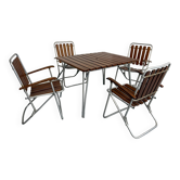 Salon de jardin vintage pliant table 4 fauteuils bois et métal 1960
