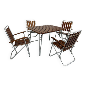 Salon de jardin vintage pliant table 4 fauteuils bois et métal 1960