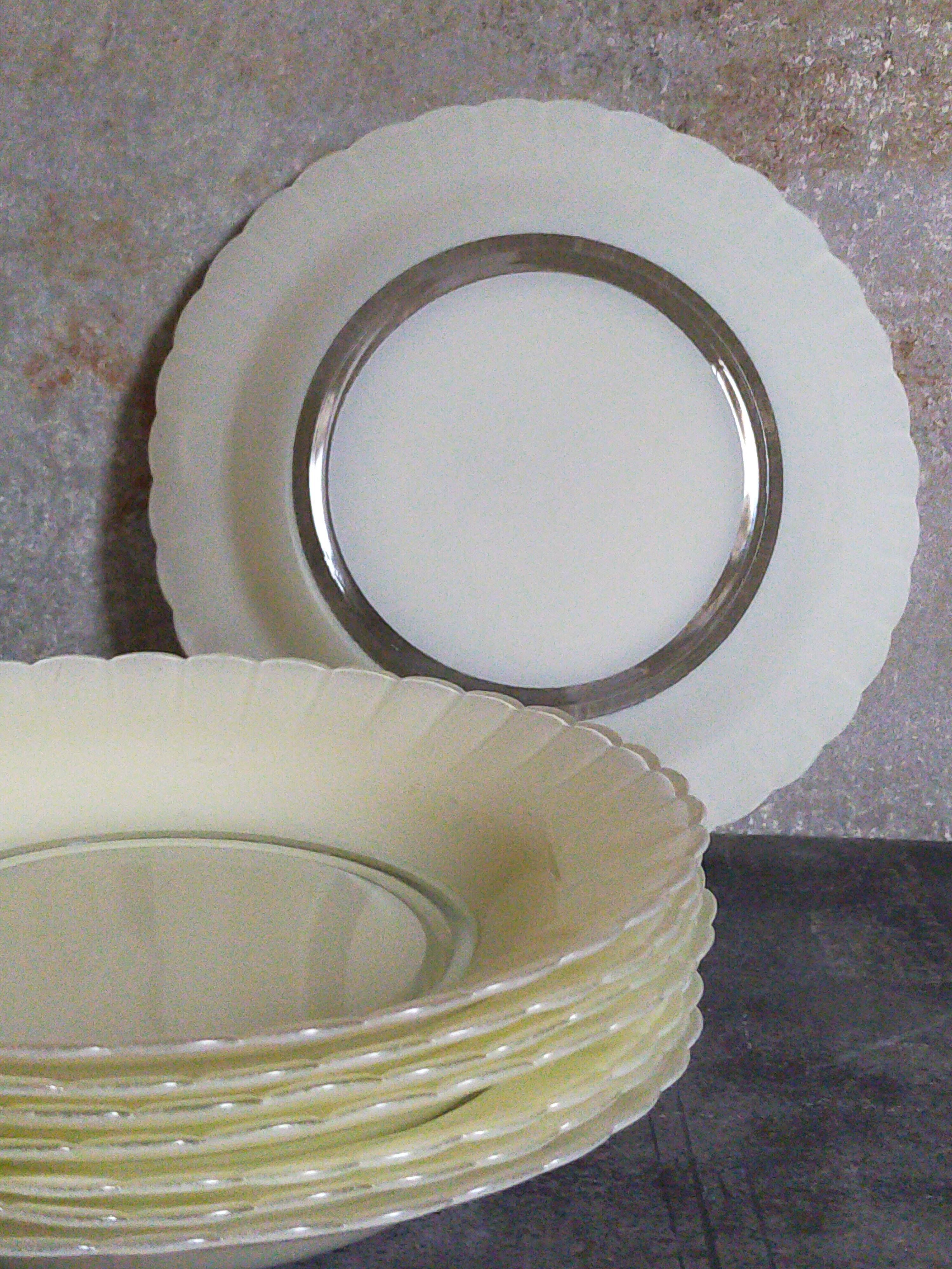 Eight hollow plates Duralex painted glass 60s