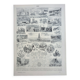 Gravure ancienne 1928, Bois 1, menuiserie, outils, scierie • Lithographie, Planche originale