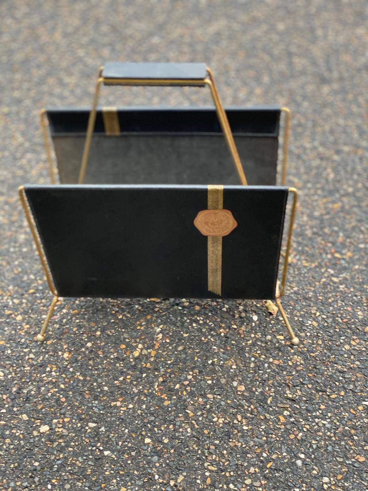 Vintage magazine rack document holder in black leather and gold metal