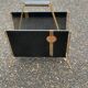 Vintage magazine rack document holder in black leather and gold metal