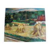 Paysage de campagne à la moisson de H.Ouvrard (XXème)