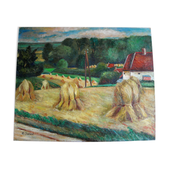 Paysage de campagne à la moisson de H.Ouvrard (XXème)