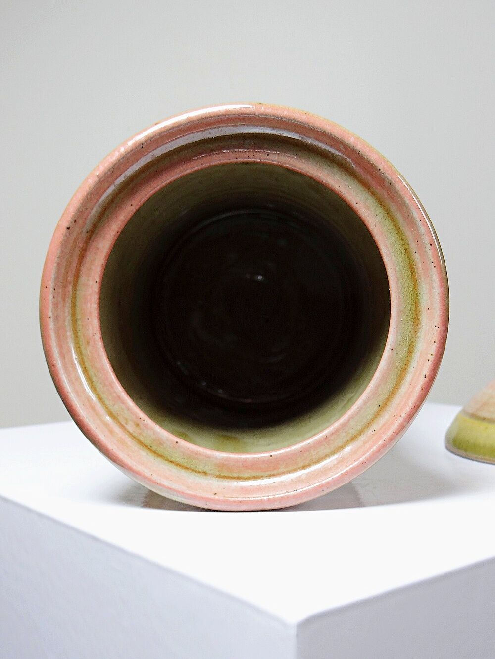 Decorative spice box in vintage two-tone glazed stoneware, handmade and signed.