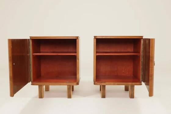 Pair of antique Art Deco bedside tables, walnut veneer, refurbished