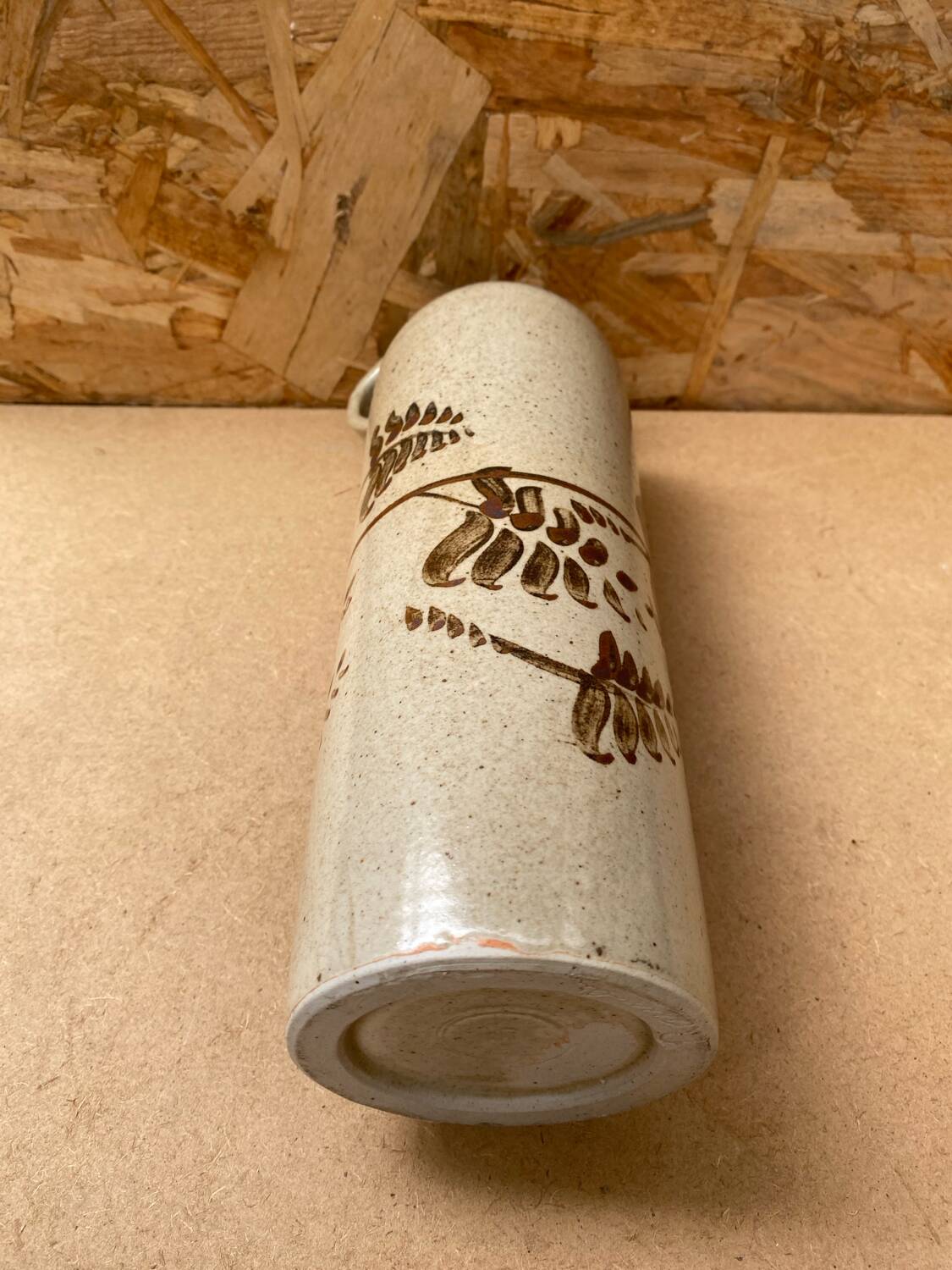 Antique beige enameled ceramic bottle vintage leaf decor