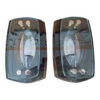 Pair of smoked glass wall lights - Veca editions, Fontana Arte - Design 1970