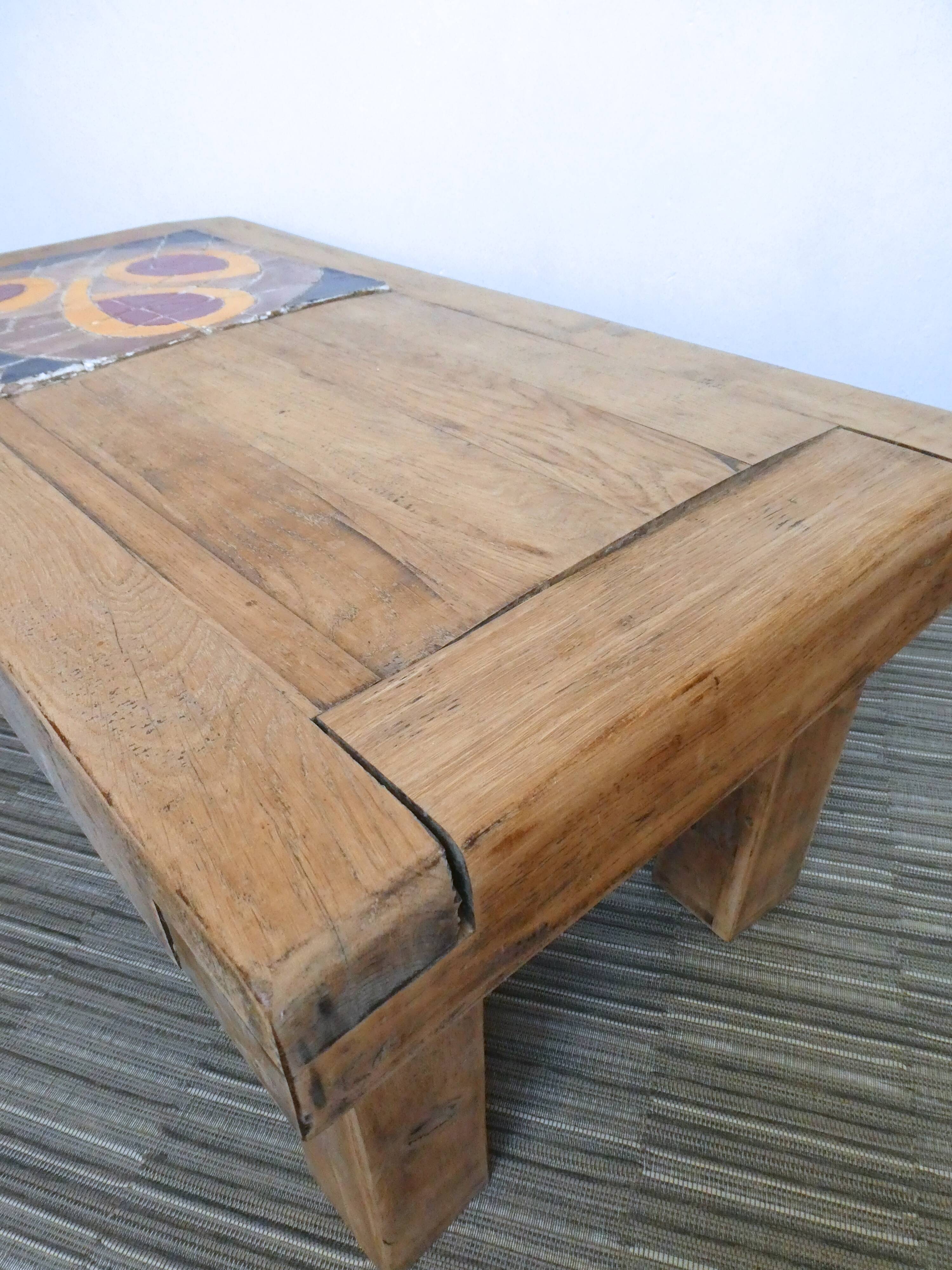 Solid wood and ceramic coffee table, 70s