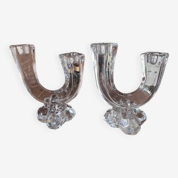 Pair of double Vannes crystal candlesticks