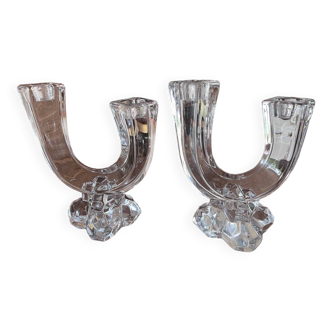 Pair of double Vannes crystal candlesticks