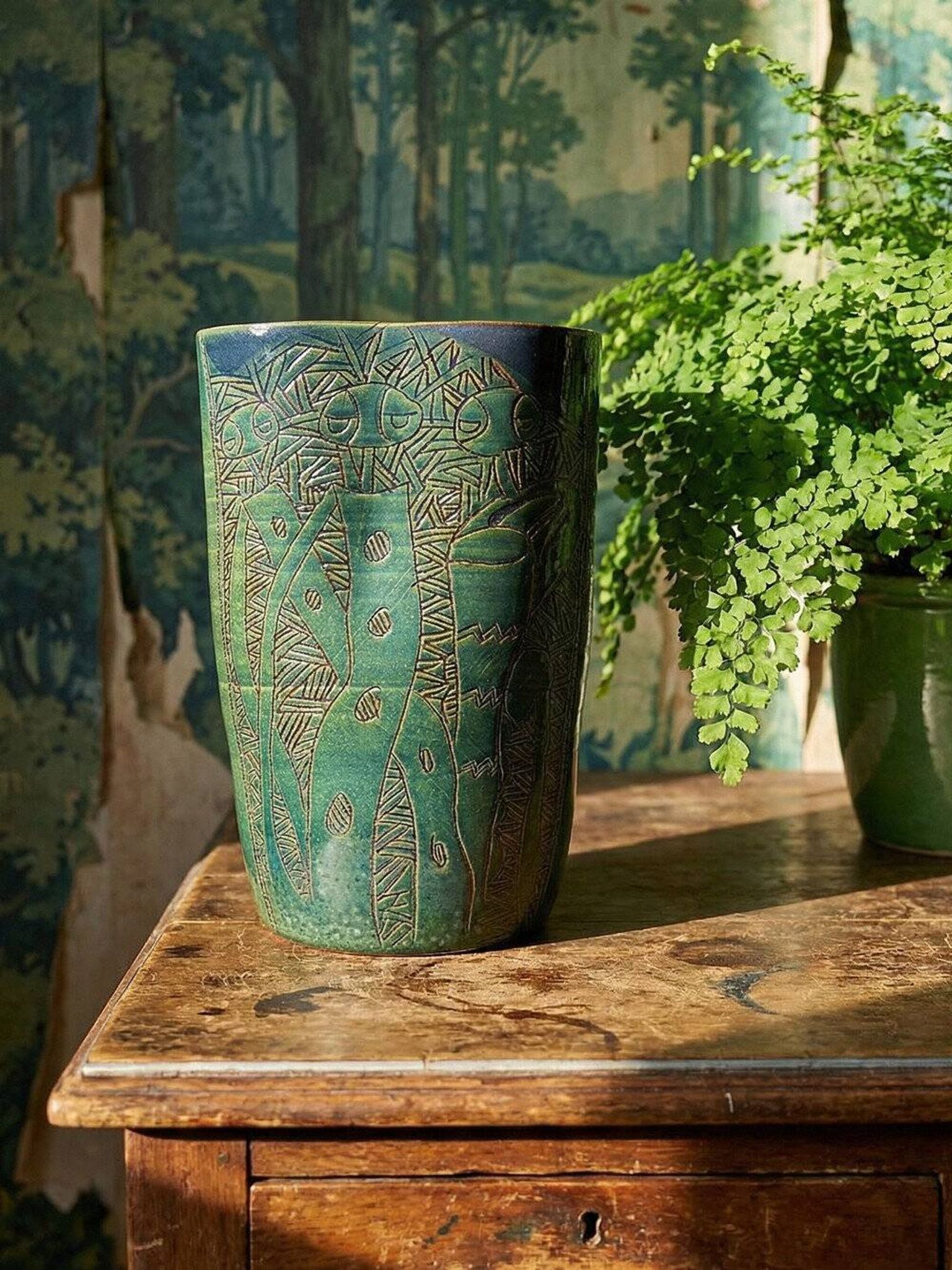 Vintage blue-green handcrafted pottery vase with incised tribal design by Eseka Pottery