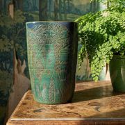 Vintage blue-green handcrafted pottery vase with incised tribal design by Eseka Pottery