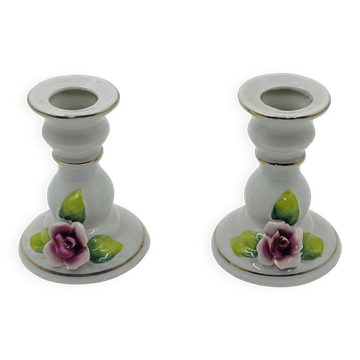 Lot of 2 Vintage Porcelain Candle Holders with Roses