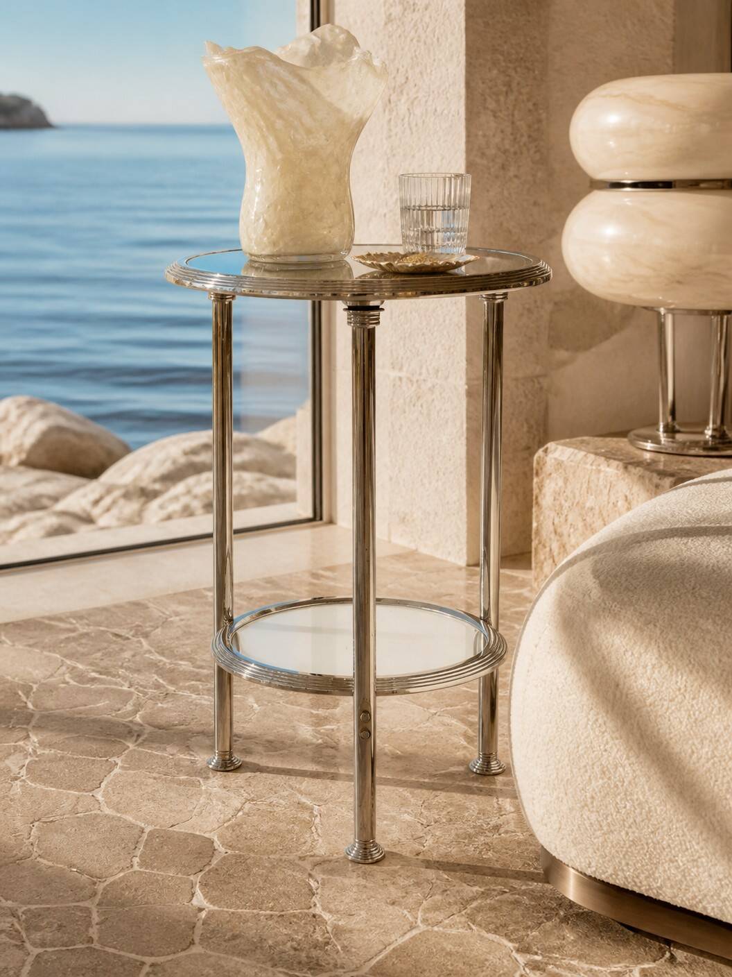 Art Deco tripod gueridon in chrome metal with double mirror top, 1930-19.
