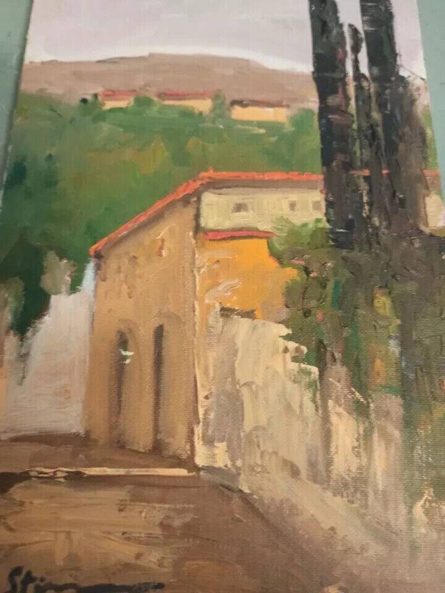 Oil painting on cardboard H. Stilmann Tuscan landscape 1950s