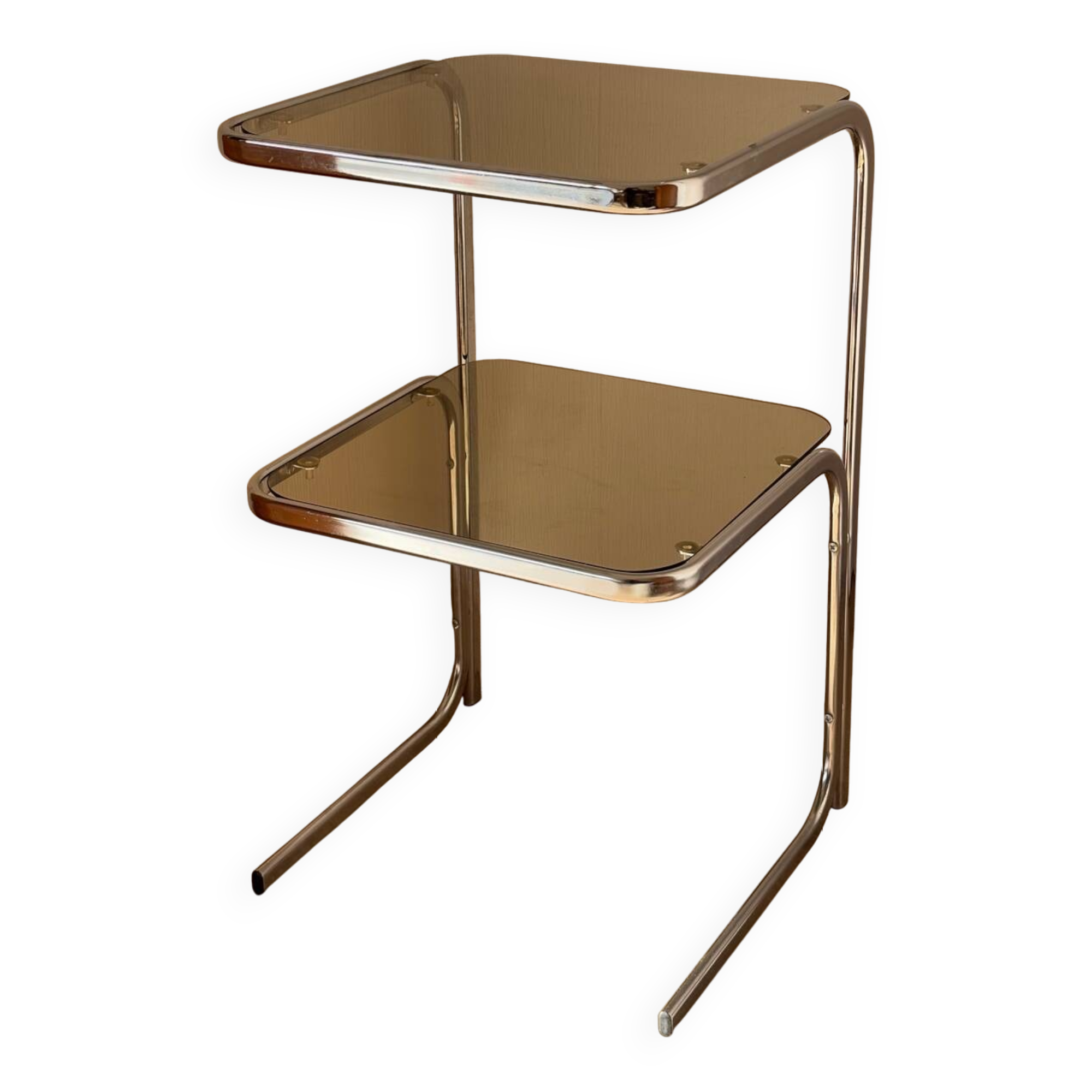 Table d’appoint acier et verre fumé 1970