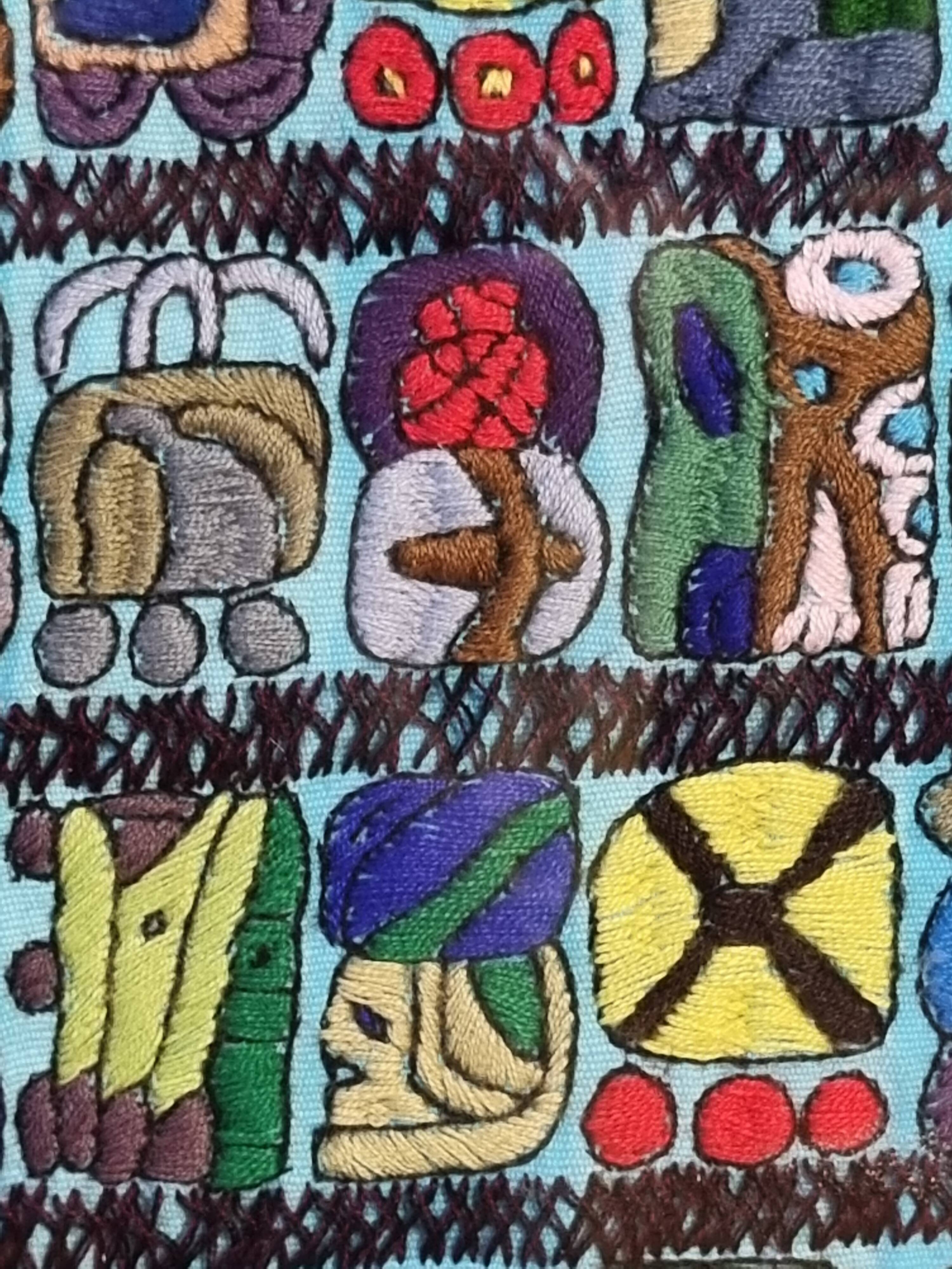 Native American tapestry, embroidered framed, colorful Mayan symbology, 84 cm