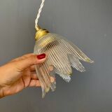 Vintage tulip flower pendant light in ribbed glass