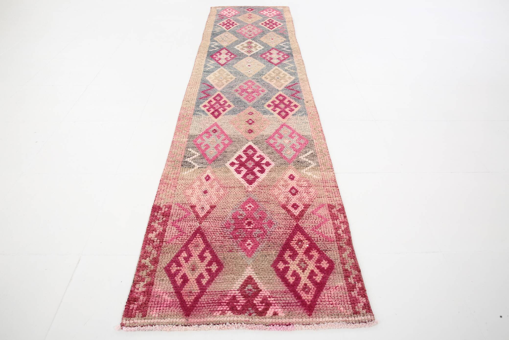 Pastel Pink & Cream Turkish Vintage Runner Rug, 72x306Cm