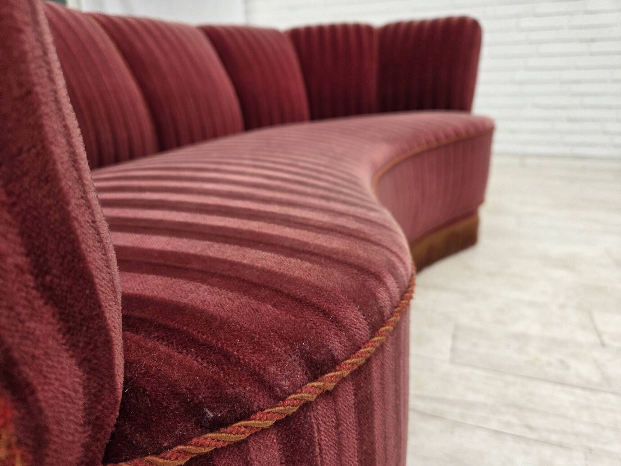 1960s, Danish 2-seater "Banan" sofa, furniture velour, oak wood.
