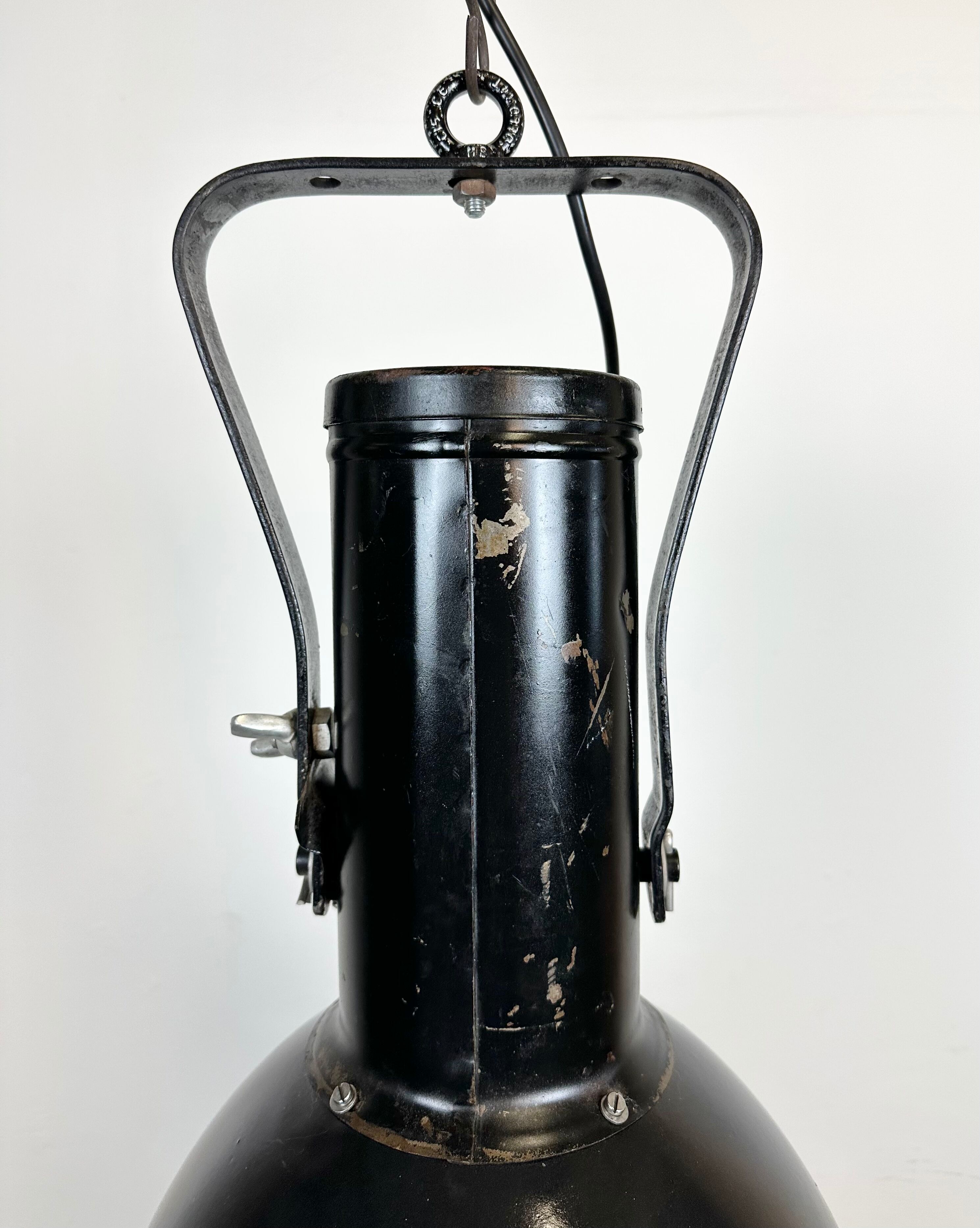 Industrial Black Enamel Factory Spotlight with Convex Glass Cover, 1960s