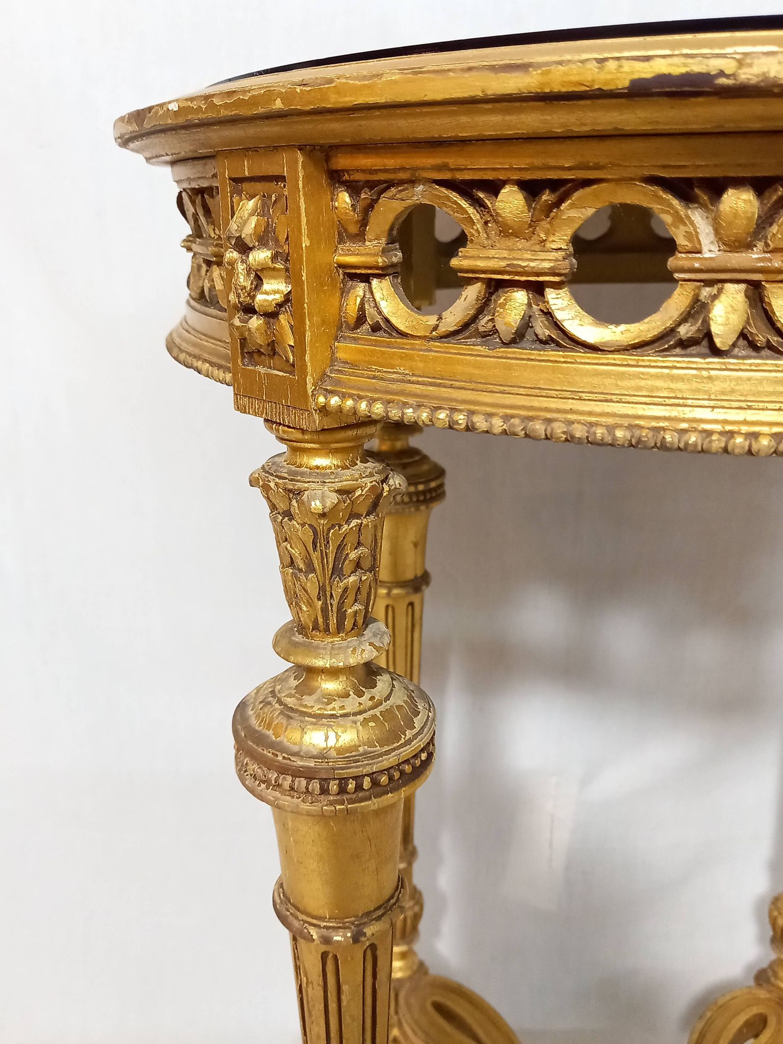 Napoleon III Pedestal Table (late 19th C.) Gilded and Carved Wood with Modern Black Top