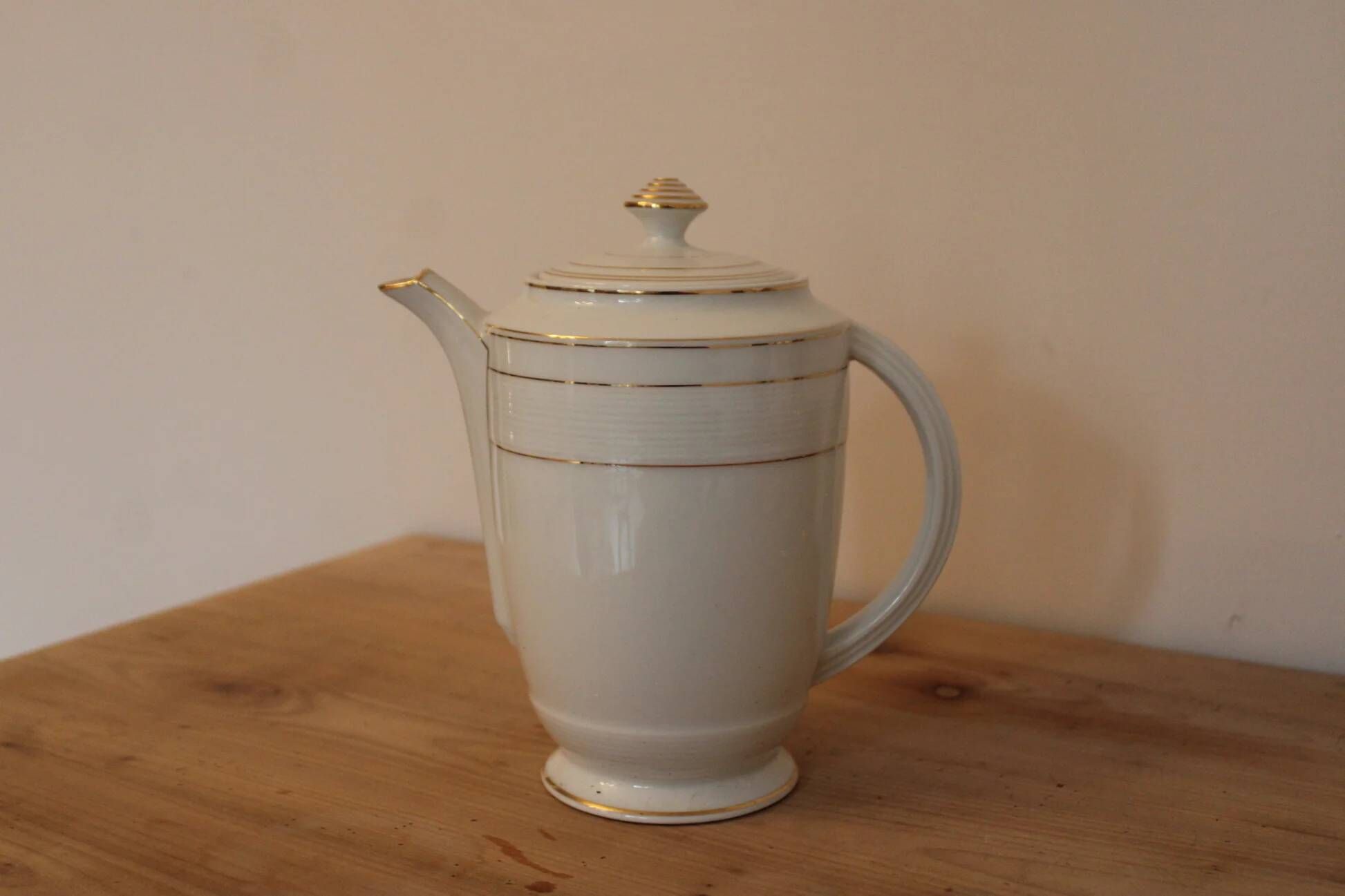 Vintage Art Deco coffee pot in Limoges porcelain by Charles Ahrenfeldt – gold trim.