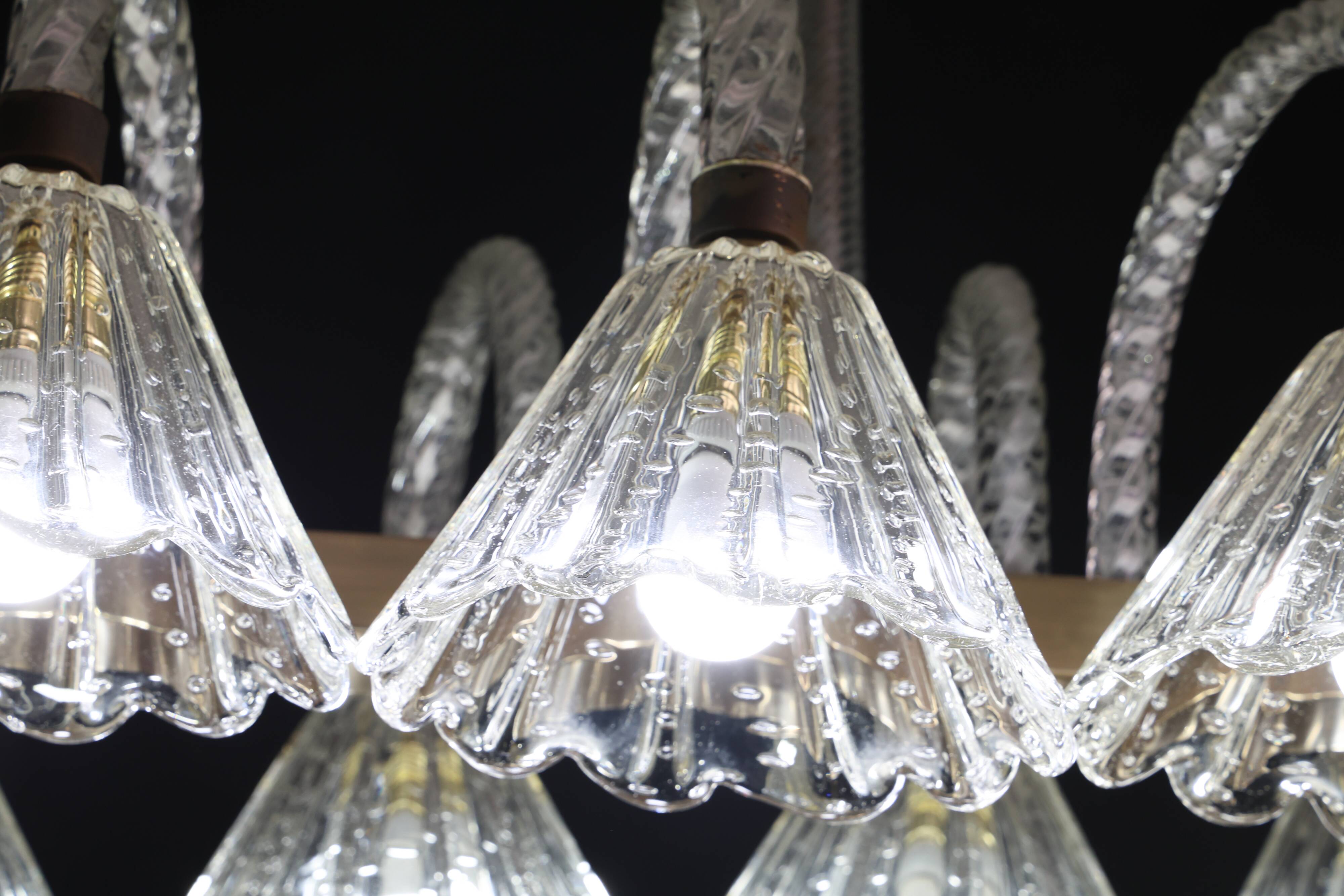 Museal 8 Light Art Decò Barovier e Toso Chandelier, Murano "Bubble" Glass,