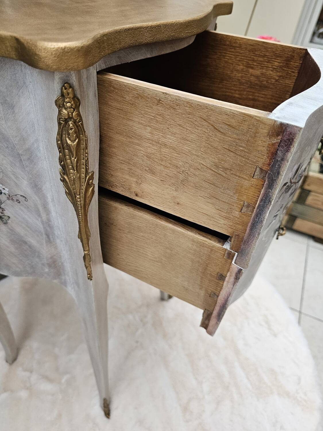 Louis XV style bedside table in marquetry