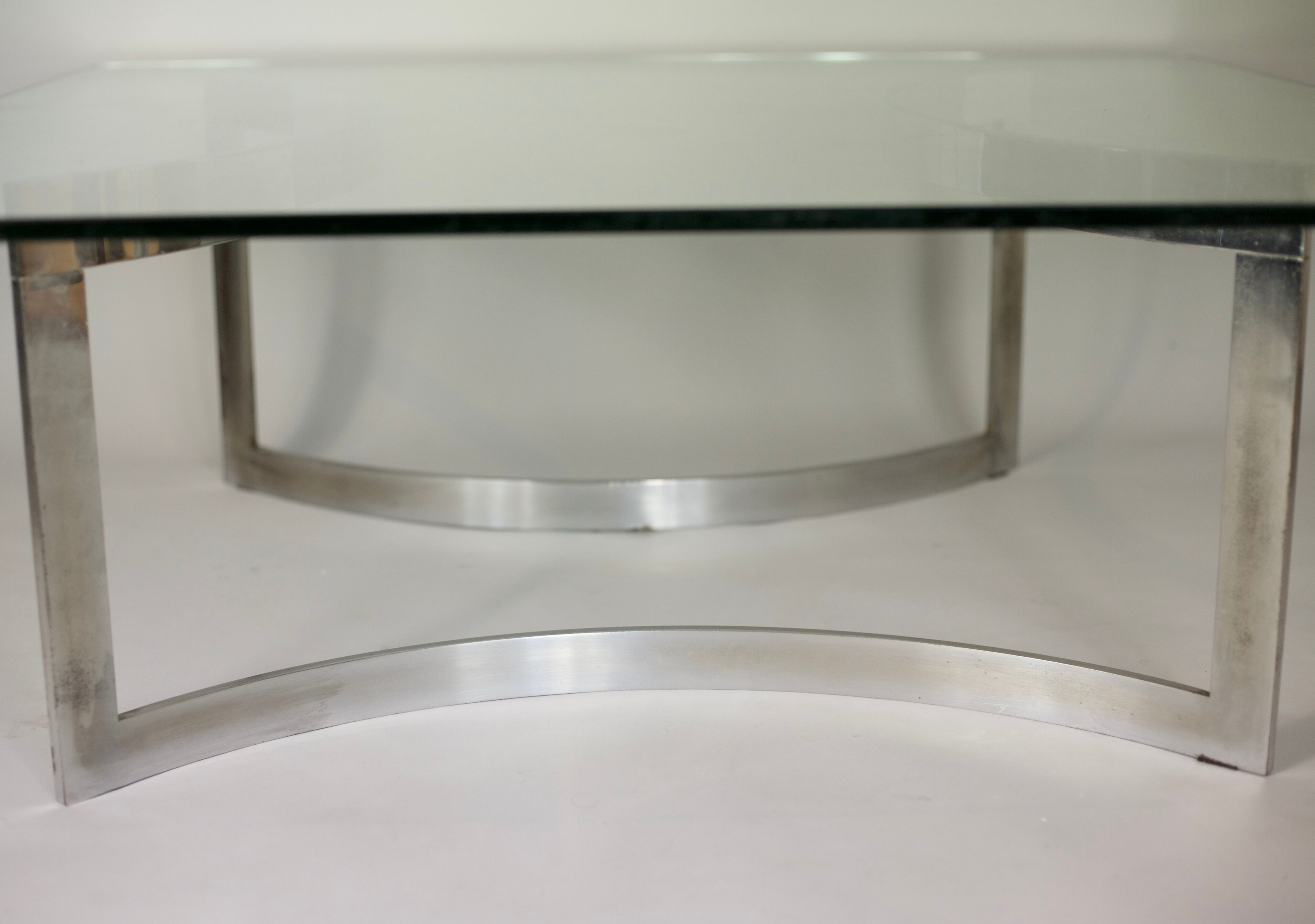 Coffee table published by Dassas, base in chromed steel and thick glass slab, France, 1963