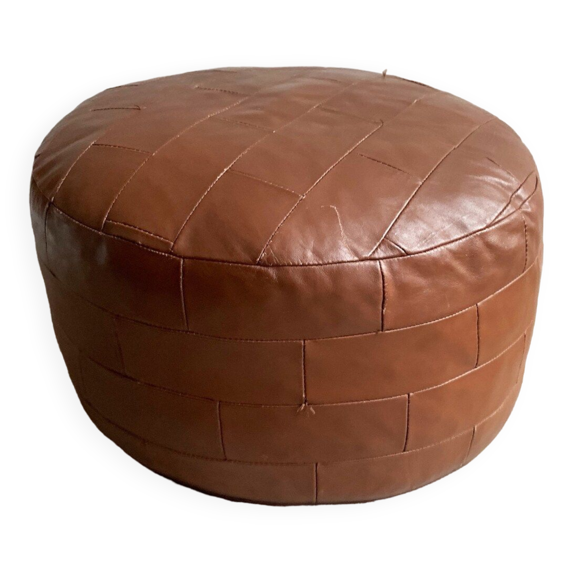 Vintage brown patchwork round leather ottoman / poof / bench