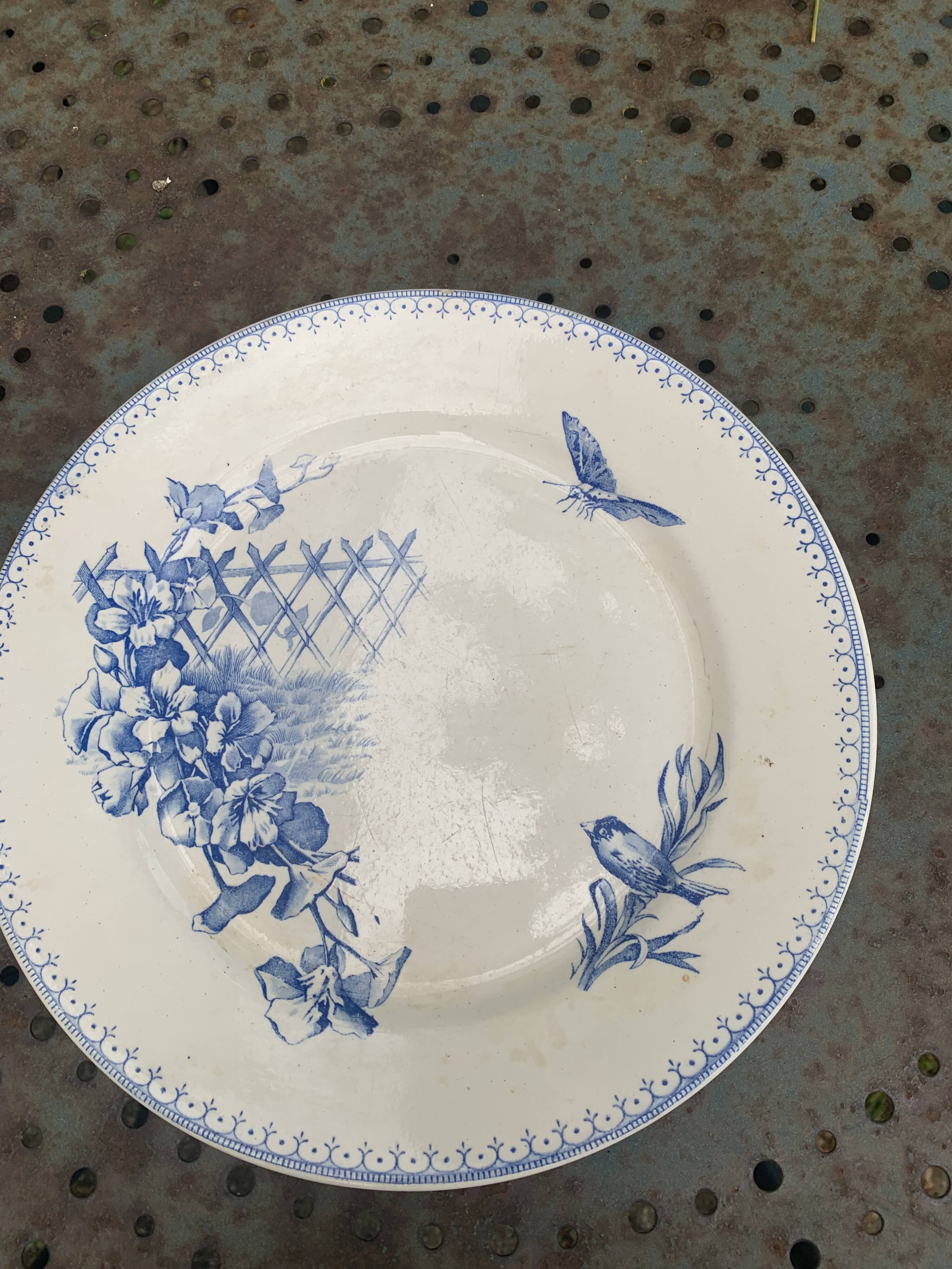 Collectible flat plate, ironstone, malaca, bird, butterfly and flower motif, made in France
