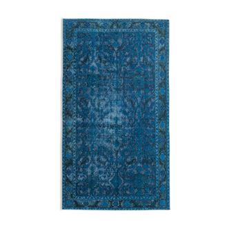 Tapis turc antique des années 1980 noué à la main 146 cm x 263 cm tapis bleu