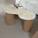 "Pear" coffee table in travertine and fluted wood | raw oak | 3 legs