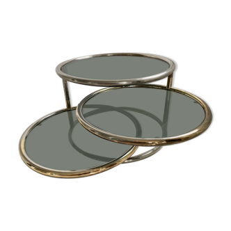 Milo Baughman vintage round coffee table with chrome swivel tops and smoked glass