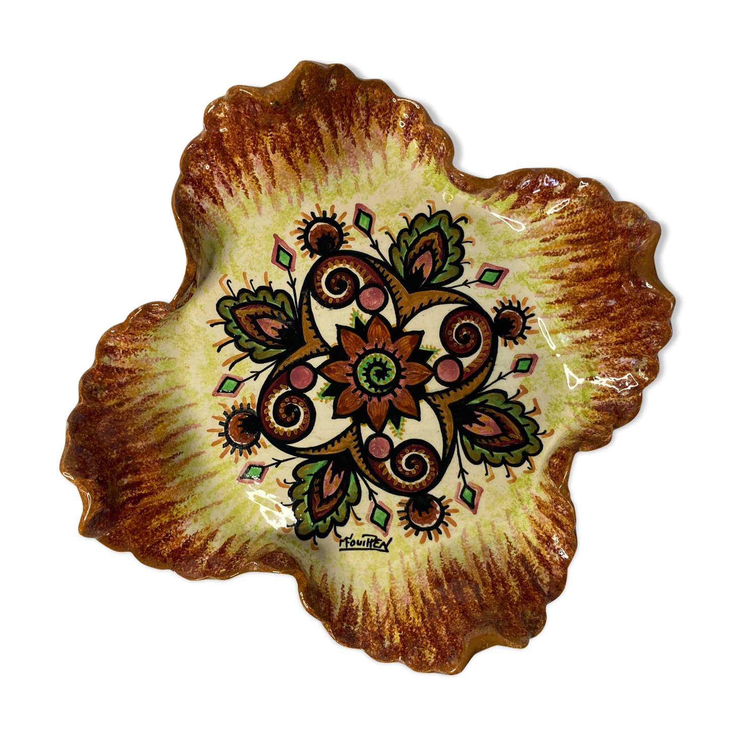 Vintage earthenware dish Quimper Fouillen floral decoration around 1950