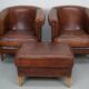 Vintage Dutch cognac coloured leather club chair, set of 2 with footstool