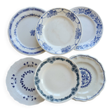 6 assiettes plates vintage dépareillées en terre de fer bleue et blanche